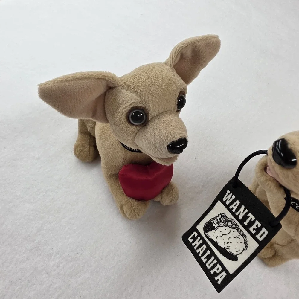 Vintage Lot of 2 Taco Bell Chihuahua Plush Dogs - Wanted Chalupa & Red Heart.